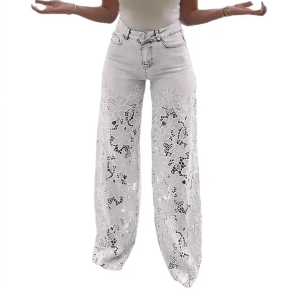 White Lace Overlay Wide-Leg Pants